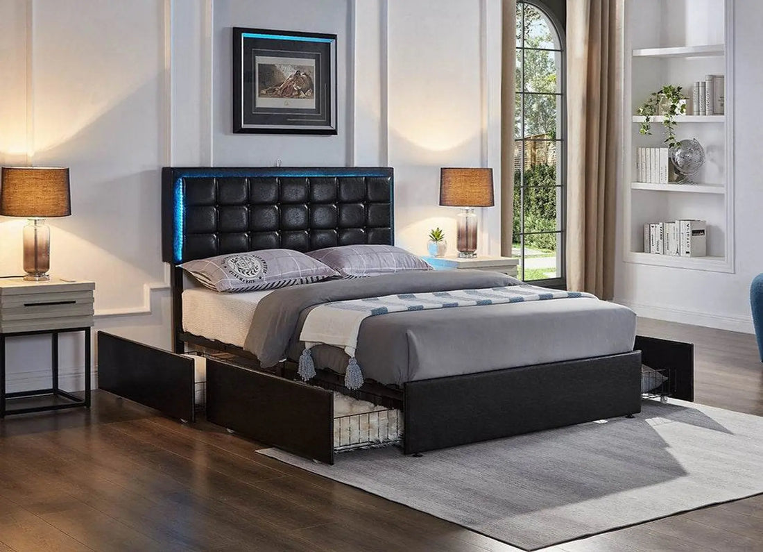 Upholstered storage bed for a small bedroom layout