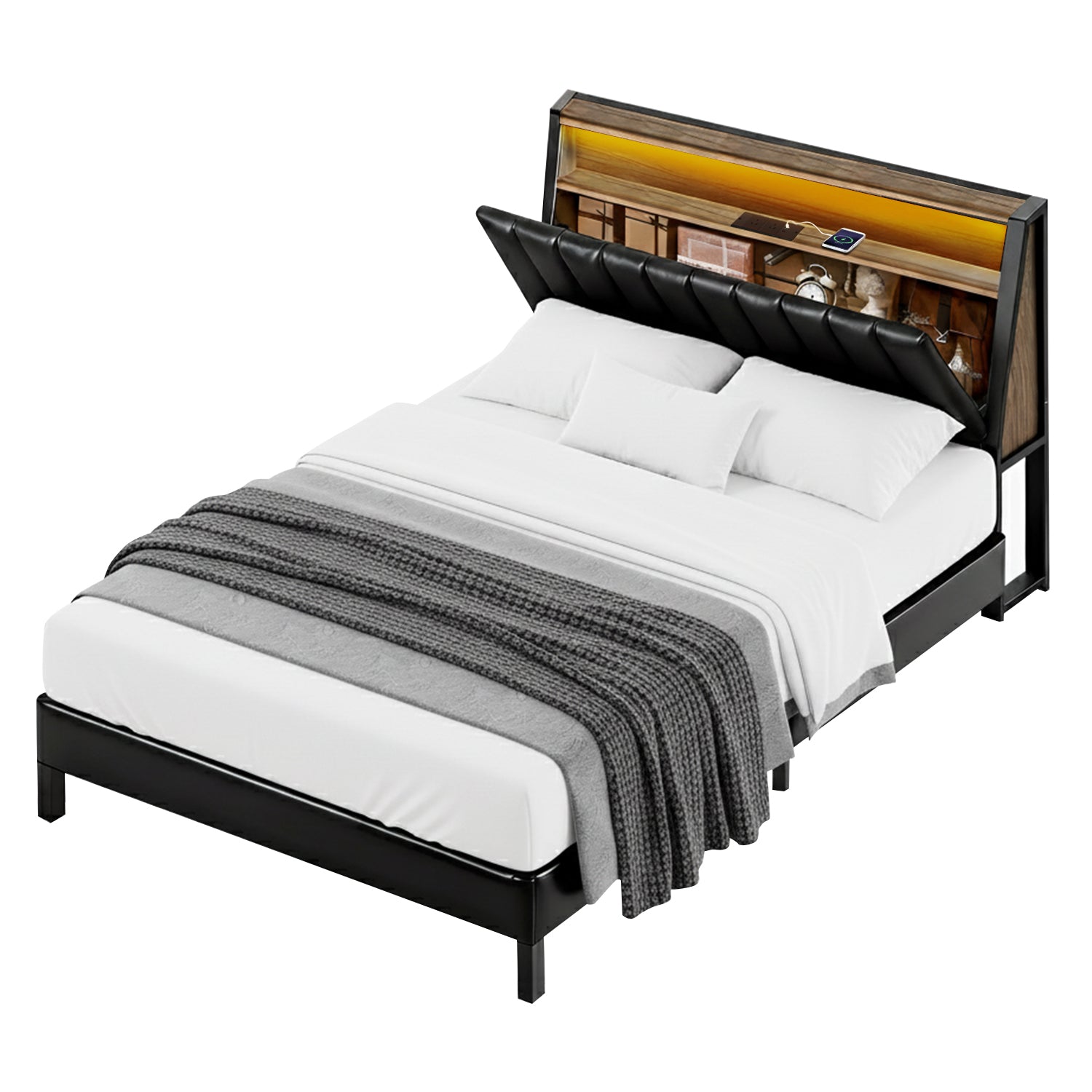 Artiss Queen Bed Frame LED Storage Headboard with Charging Station Black-1