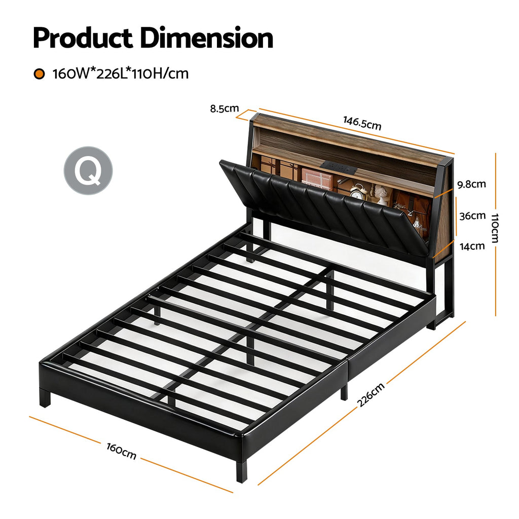 Artiss Queen Bed Frame LED Storage Headboard with Charging Station Black-2