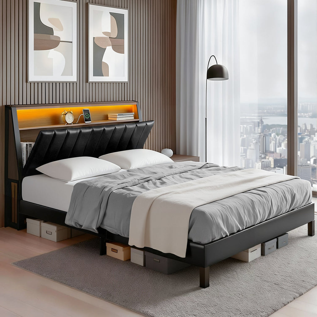 Artiss Queen Bed Frame LED Storage Headboard with Charging Station Black-0