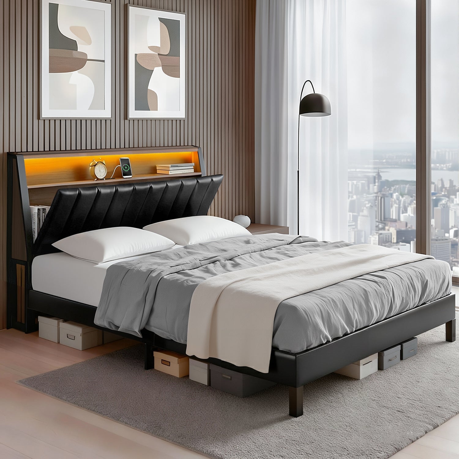 Artiss Queen Bed Frame LED Storage Headboard with Charging Station Black-0