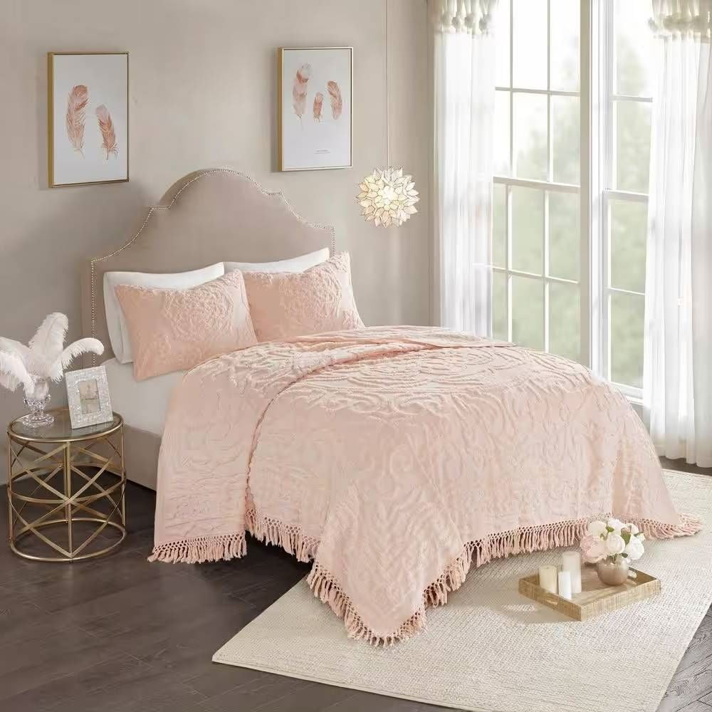 Full/Queen 100-Percent Cotton Chenille Bedspread with Fringe Hem in Pink Blush-1