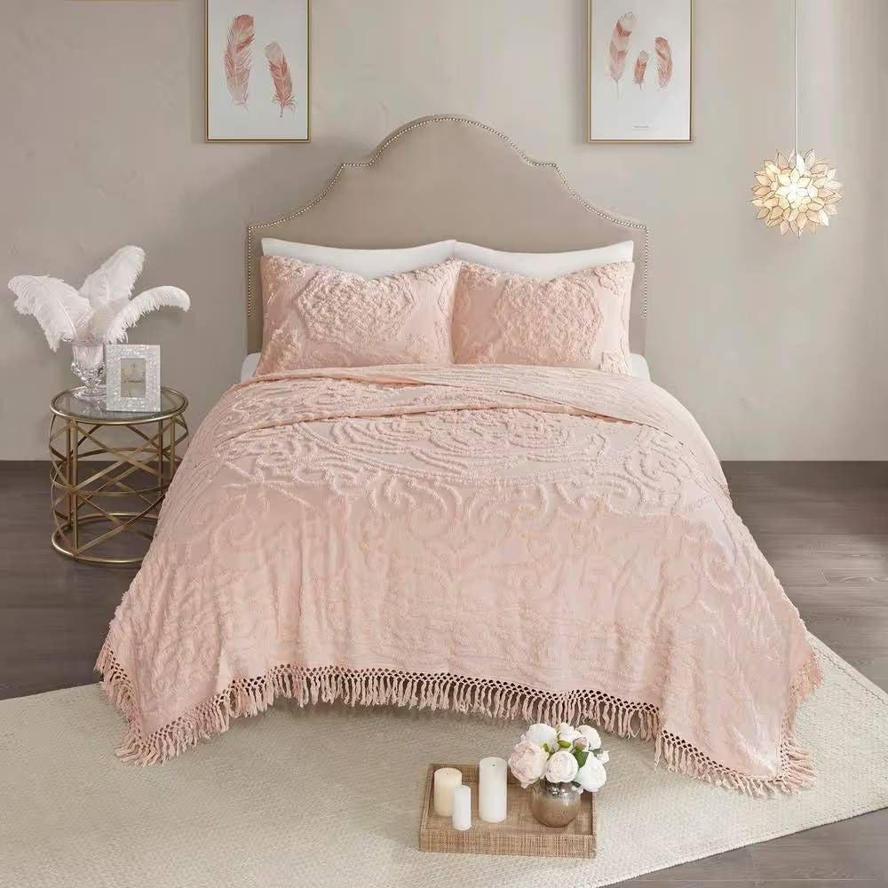 Full/Queen 100-Percent Cotton Chenille Bedspread with Fringe Hem in Pink Blush-2