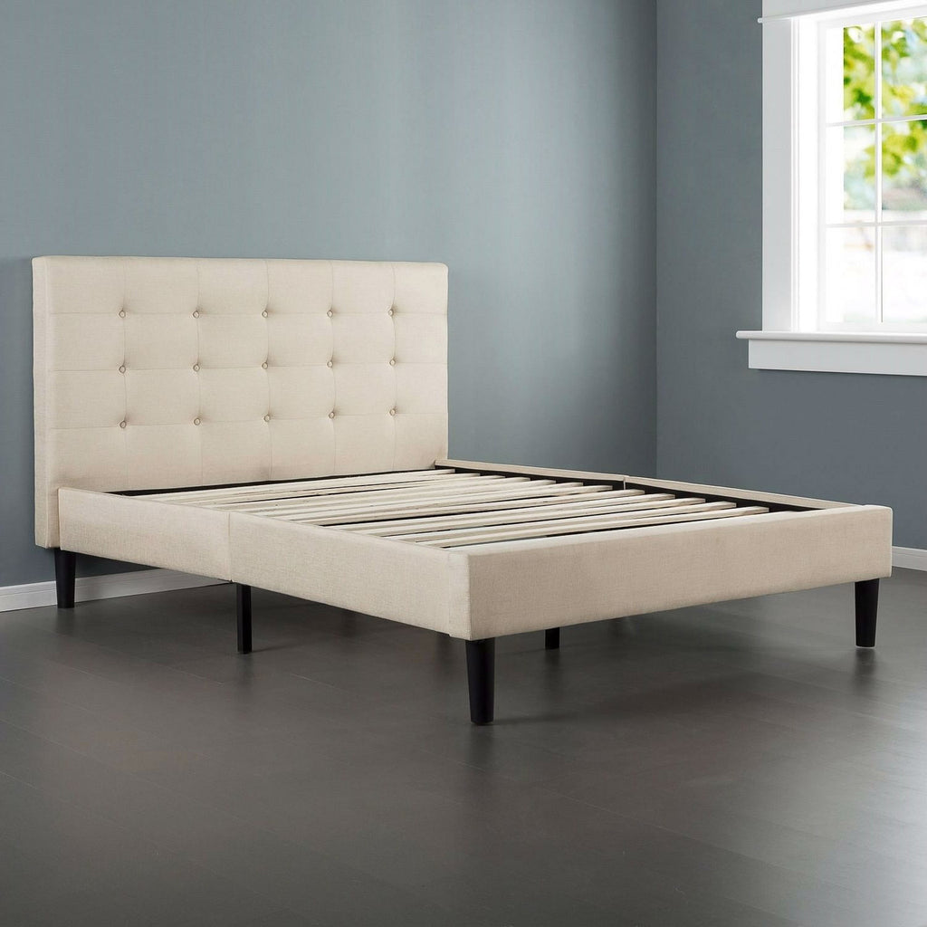 King size Upholstered Platform Bed Frame with Button Tufted Headboard in Taupe-0