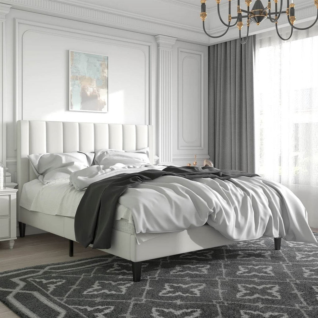 Queen size White Velvet Upholstered Platform Bed Frame with Headboard-0