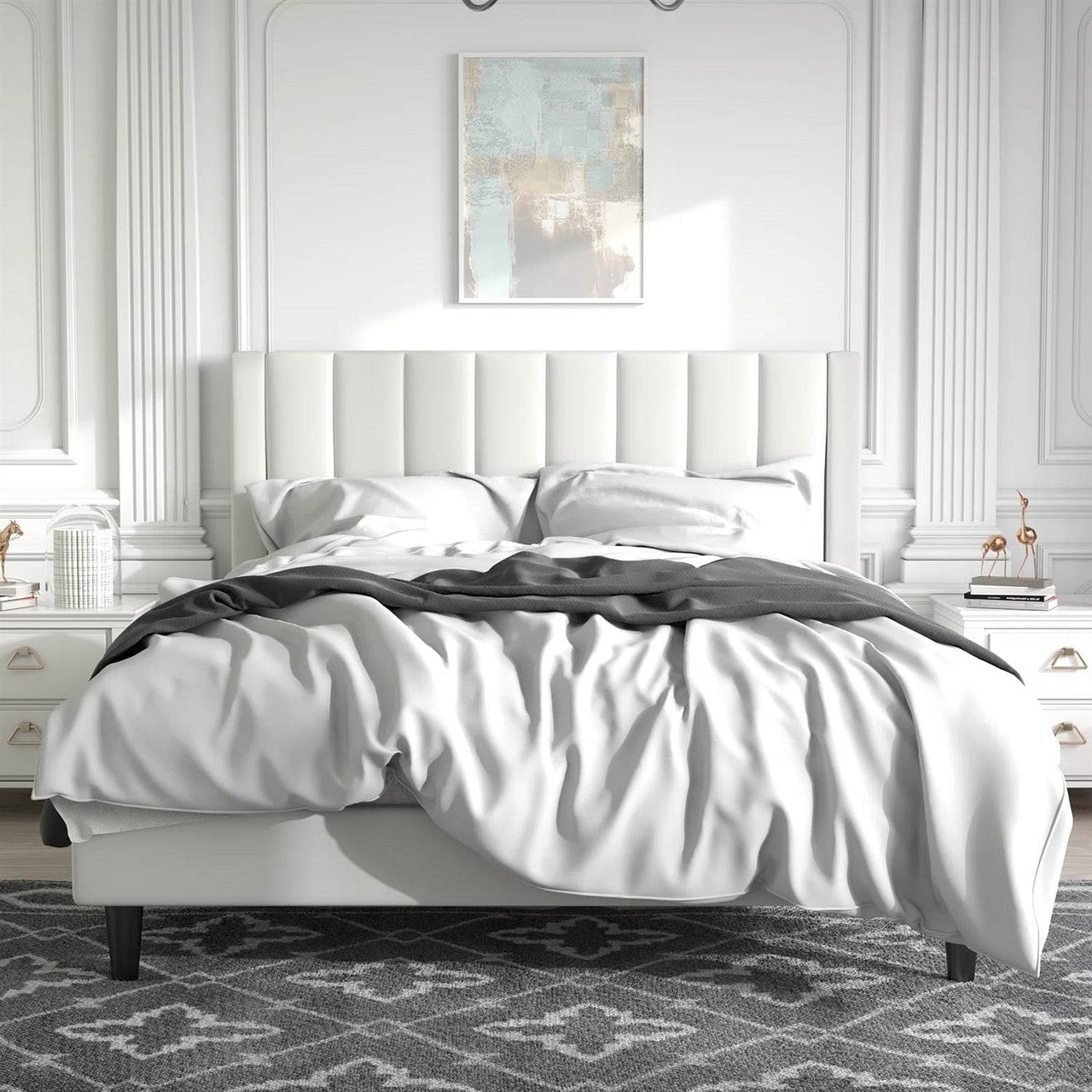 Queen size White Velvet Upholstered Platform Bed Frame with Headboard-2