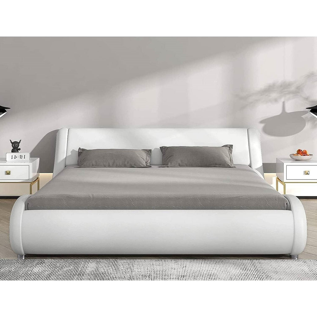 Queen Modern White Faux Leather Upholstered Platform Bed Frame with Headboard-2