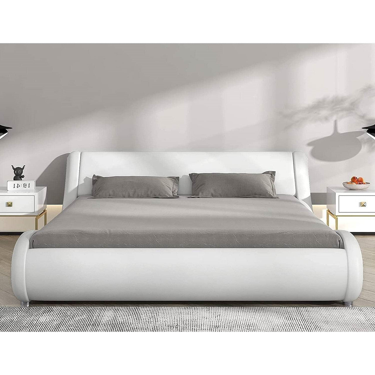 Queen Modern White Faux Leather Upholstered Platform Bed Frame with Headboard-2