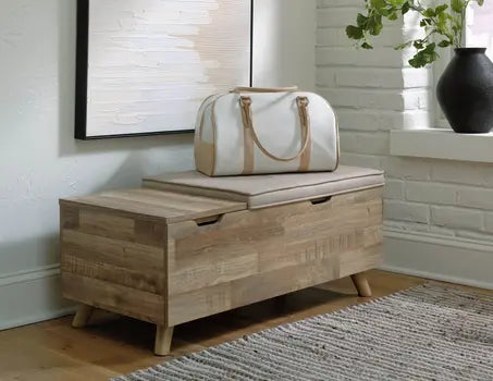 Storage bench with hidden compartments open