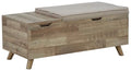 Beige upholstered storage bench with wood-look finish