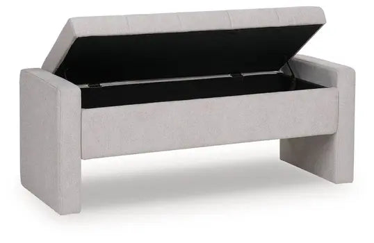 Side view of the gray Akselman storage bench