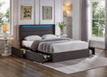 Grey bed frame with LED lighting and storage drawers